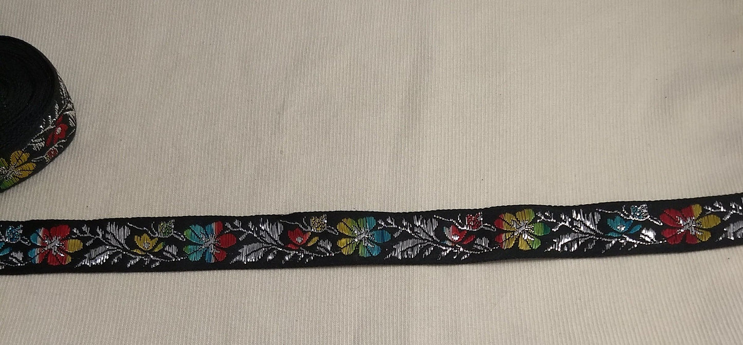 RIBBON #YWCY110113-BL #Black #Floral #Metalic #Border #Tape #1yd