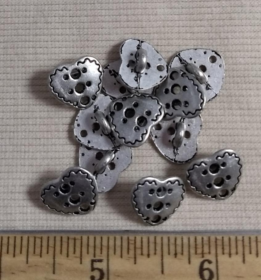 Button #K5086 #Shank #Antique-Silver #Heart #Metal #10pc