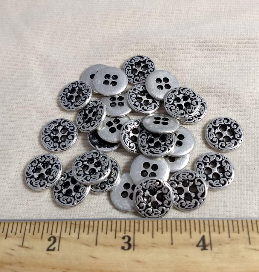 Button #K6010 #4-Hole #Antique-Silver #Rim #Metal #10pc