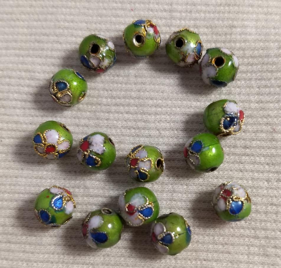 Beads #Enamel-Cloisonne #2-Hole #Light-Green-Multi #Round #15pc