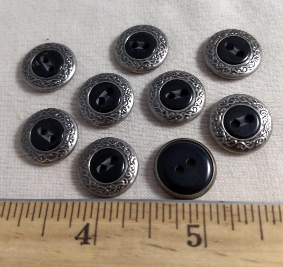 Button #677 #2 Hole #Antique-Silver #Black #Epoxy #Rim #Abs #10pc