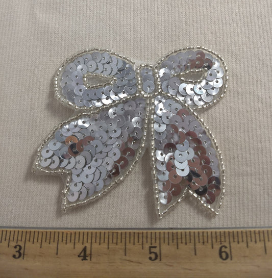 Applique #BJ708 #Silver #Sequin #Bow #Bead #1pc