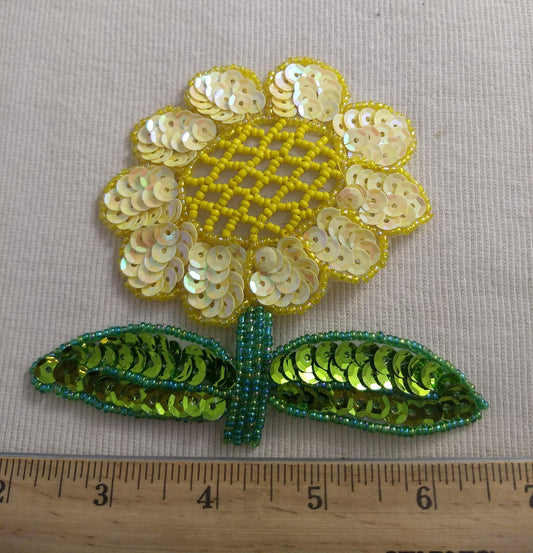 Applique #BLG080926-2 #Yellow #Sun-Flower #Sequin #Bead #1pc