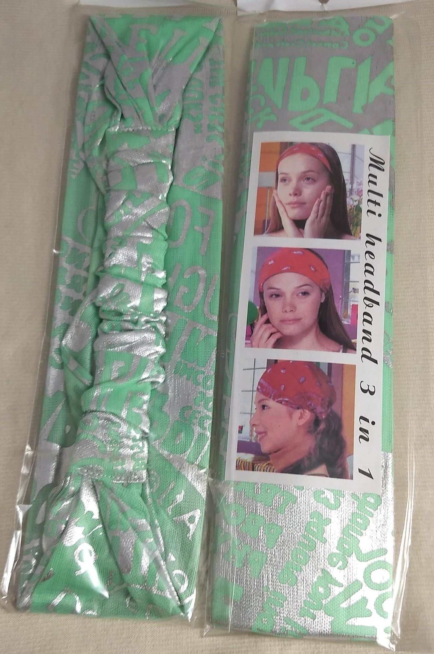 HEADBAND #YWZW120910-2 #Green #3 in 1 #Elastic #Printed #Fabric #1pc