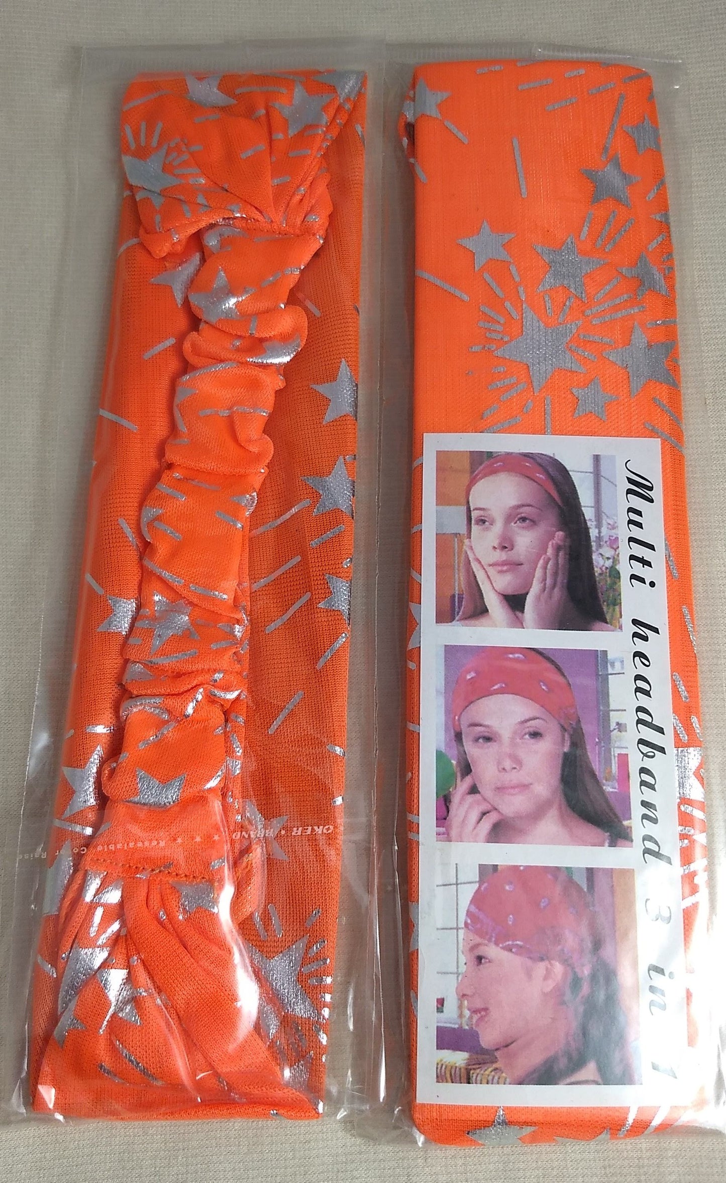 HEADBAND #YWWJ090107D #Orange #Star #Elastic #3 in 1 #Printed #Silk #1pc