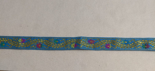 RIBBON #102824 #Blue #Floral #Metalic #Border #Tape #1yd