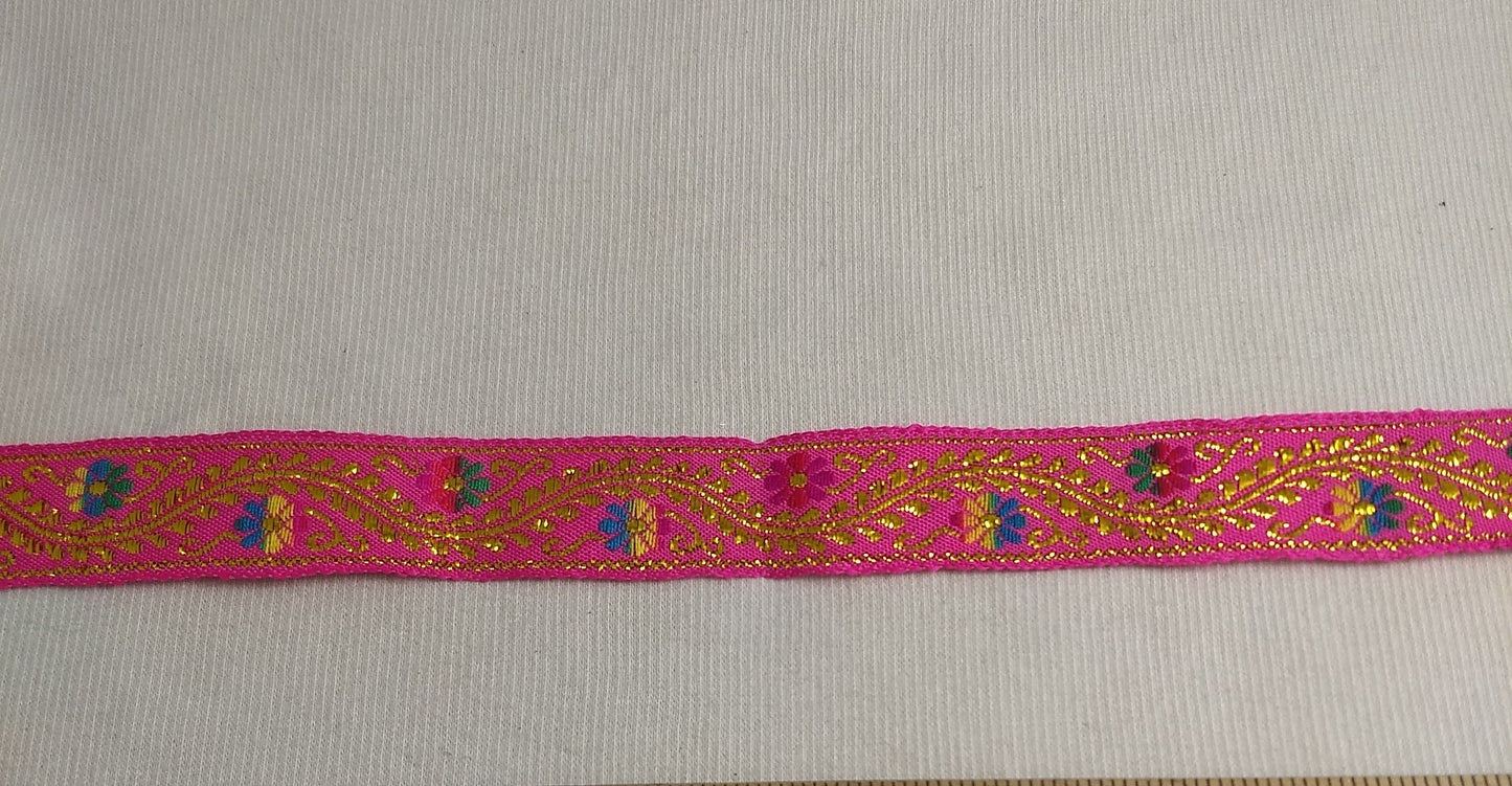 RIBBON #102824 #Pink #Floral #Metalic #Border #Tape #1yd