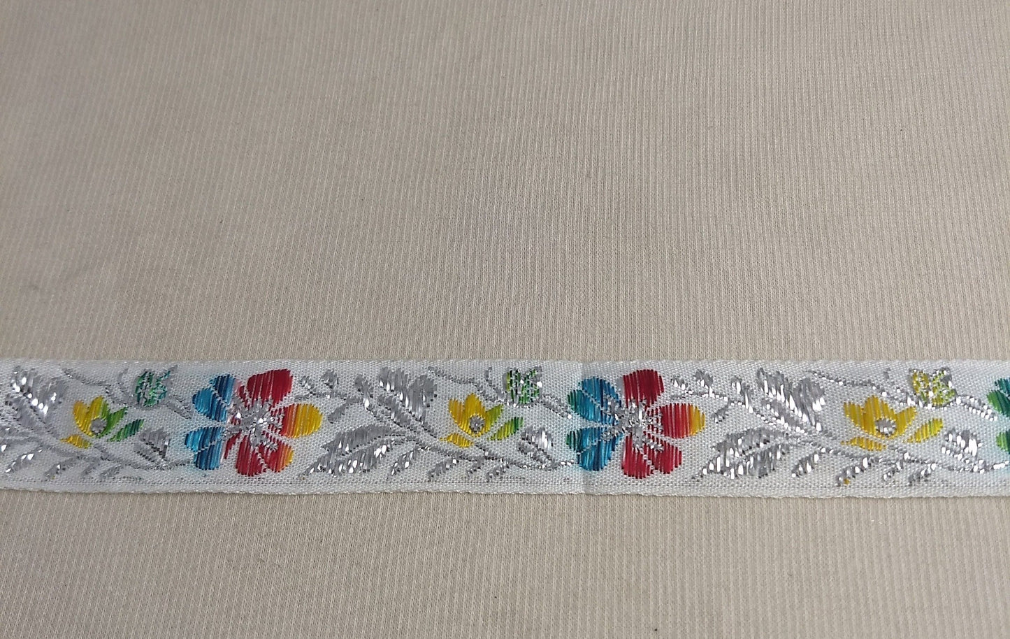 RIBBON #YWCY110113-1A #White #Floral #Metalic #Border #Tape #1yd