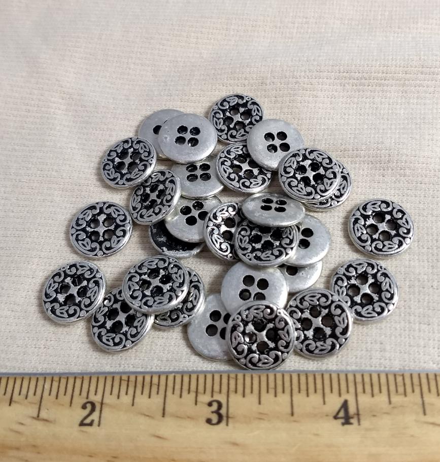 Button #K6010 #4-Hole #Antique-Silver #Rim #Metal #10pc