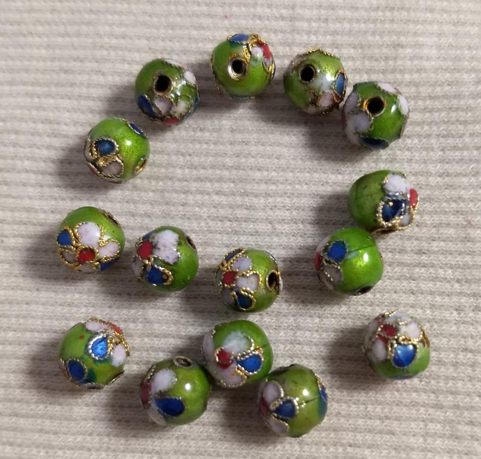 Beads #Enamel-Cloisonne #2-Hole #Light-Green-Multi  #Round #15pc