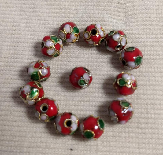 Beads #Enamel-Cloisonne #2-Hole #Red #Round #10pc