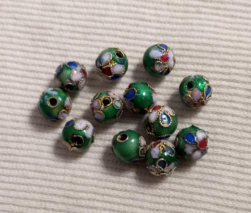 Beads #Enamel-Cloisonne #2-Hole #Green-Multi #Round #15pc