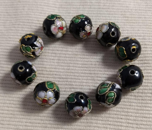 Beads #Enamel-Cloisonne #2-Hole #Black-Multi #Round #10pc