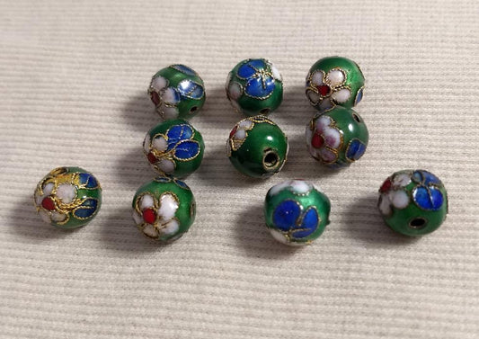 Beads #Enamel-Cloisonne #2-Hole #Green #Round #10pc