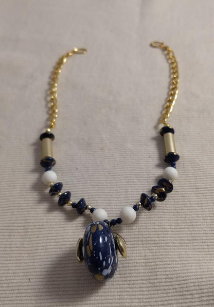 Necklace #1210 #Navy-Blue-White-Gold #Hook #1pc