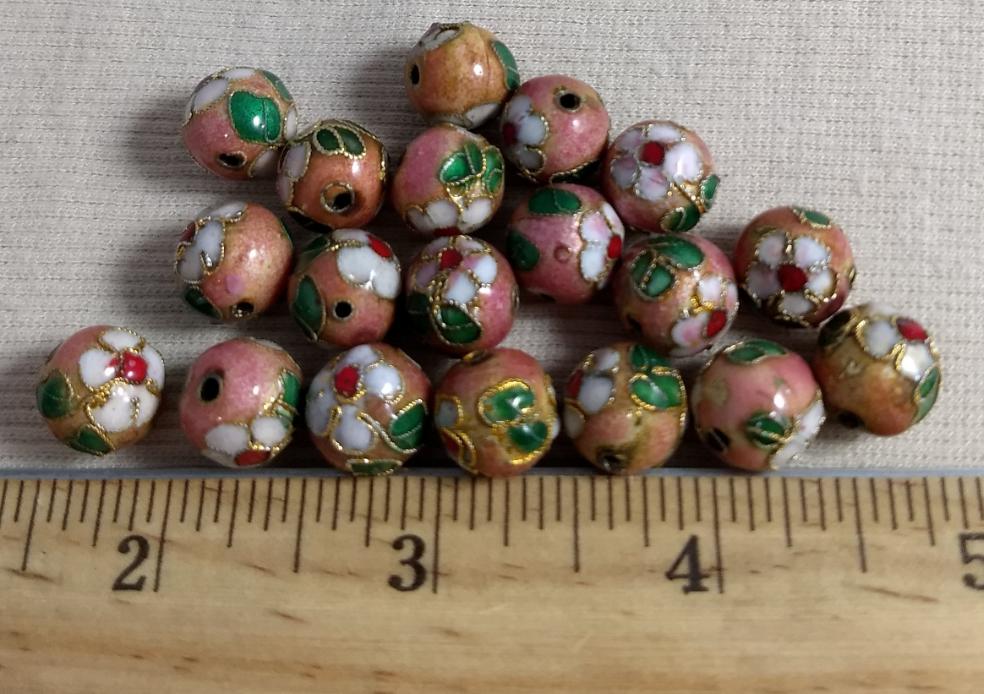 Beads #Enamel-Cloisonne #2-Hole #Pink #Floral #Round #15 pc