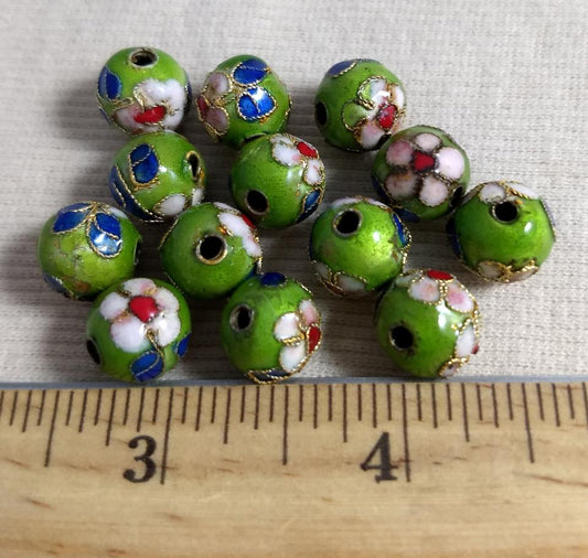 Beads #Enamel-Cloisonne #2-Hole #Green #Round #10pc