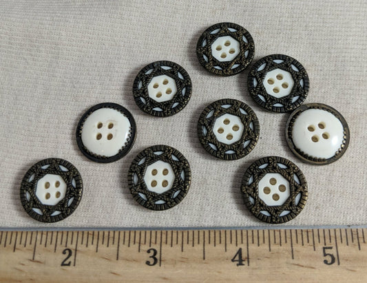 Button #7343 #4 Hole #White #Rim #Antique-Brass #Abs #10pc