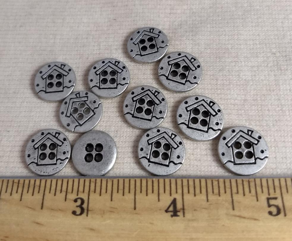 Button #138 #4-Hole #Antique-Silver #House #Metal #10Pc