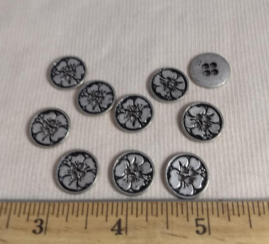 Button #AL6504 #4 Hole #Antique-Silver #Rim #Flower #Metal #10pc