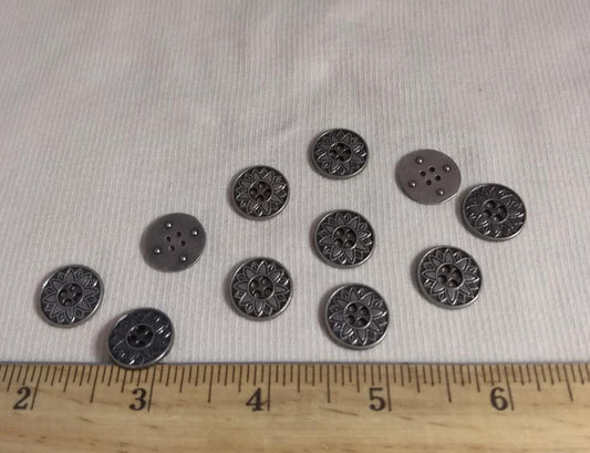 Button #AL6050 #4 Hole #Antique-Silver #Rim #Flower #Metal #10pc